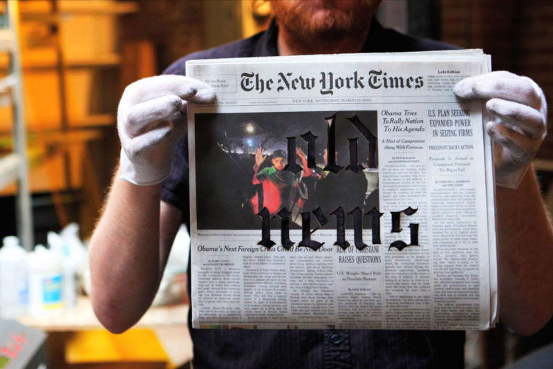 Old News, 2009. Laser cut paper, accumulating stack, table. 20 x 18 x 18 inches. Every day, a fresh copy of The New York Times with the words "old news" cut onto it is delivered to the gallery, a stack accumulating over the course of the exhibition.